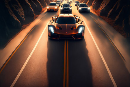 3d rendering of car on the road in the mountains, sunsetの素材