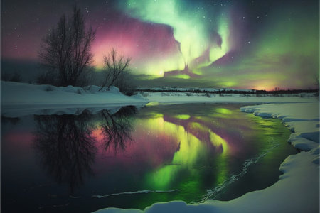 Northern lights over the lake in winter. Colorful Aurora borealis.の素材
