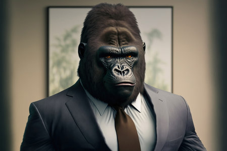 Man in a suit with gorilla head on his head looking at the cameraの素材