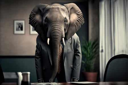 Businessman with elephant head in his office. Toned image.の素材