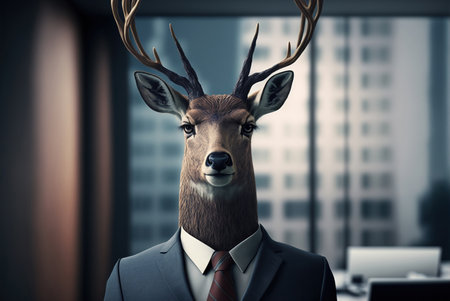 Deer head in suit and tie in office. 3d renderingの素材