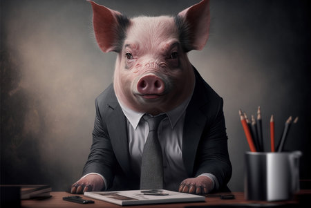 Portrait of a pig in a suit and tie sitting at the table.の素材