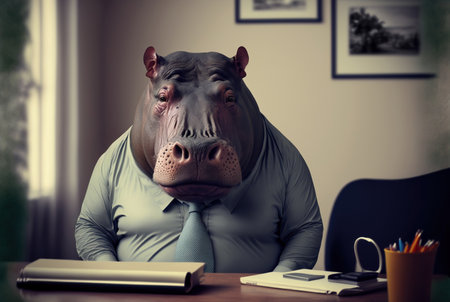 Hippopotamus sitting at a desk in an office with a notebookの素材