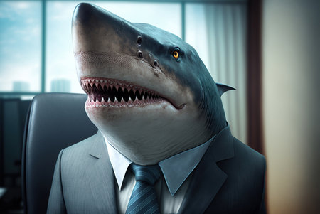 Shark head in a business suit and tie. 3d renderingの素材