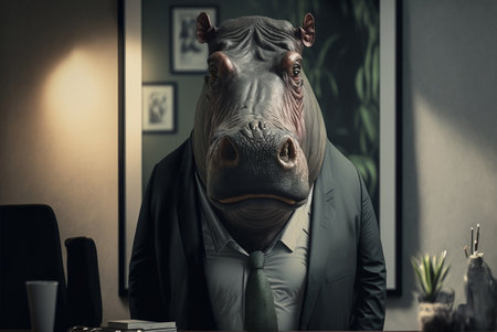 Hippopotamus in a suit and tie in a modern officeの素材