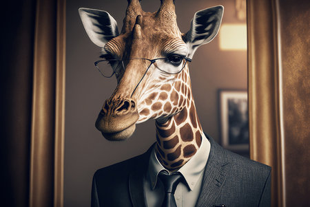 Portrait of a giraffe dressed in a suit and glasses.の素材