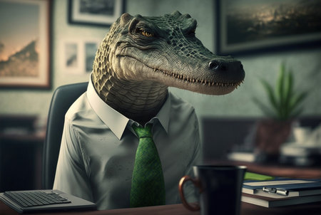 Businessman with a crocodile head in his office. 3D rendering.の素材
