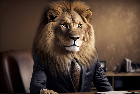 Portrait of a lion in a suit and tie sitting in an office.の素材