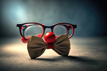 Retro glasses with bow tie and red balls on wooden table.の素材