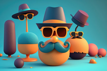 3D Illustration of a Hipster with a mustache, hat and glassesの素材