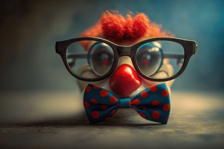 Clown with glasses and red bow tie on a dark background.の素材