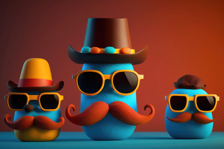 Three funny moustaches in hats and sunglasses. 3d illustrationの素材