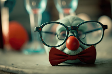 Retro styled image of a clown with glasses and a red bow tieの素材