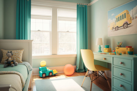 Interior of child's room with furniture and toys. 3d renderの素材