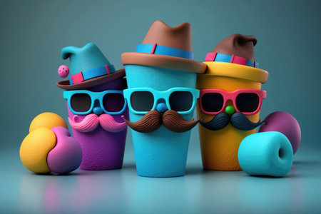 3d illustration of funny ice cream with hat, glasses and mustacheの素材