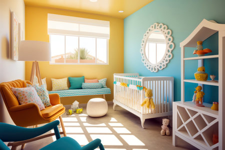 3d render of children's room interior with crib, rocking chair and toysの素材