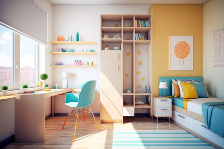 Children's room interior with a wooden floor, a blue sofa and a blue chair. 3d renderの素材