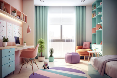 Interior of children's room with pink walls, wooden floor and colorful furniture. 3d renderの素材