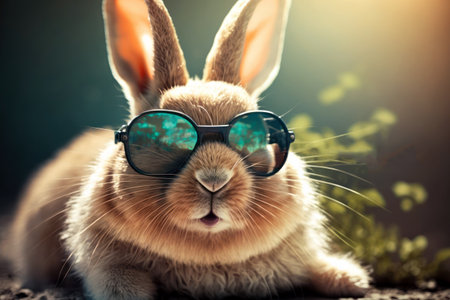 Cute rabbit in sunglasses on nature background. Easter holiday concept.の素材