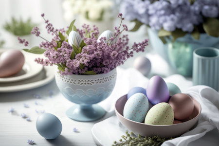 Easter eggs and lilac flowers on wooden table, closeupの素材
