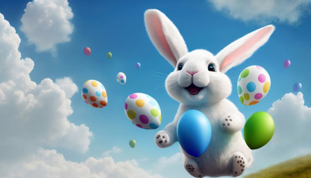 Easter bunny with colorful eggs against blue sky with clouds 3dの素材