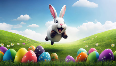 Easter bunny jumping over colorful eggs against green field under blue skyの素材