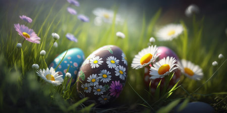 Easter eggs with daisies in the grass. Easter backgroundの素材