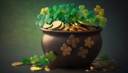 Pot of gold coins with clover leaves. St. Patrick's Day.の素材