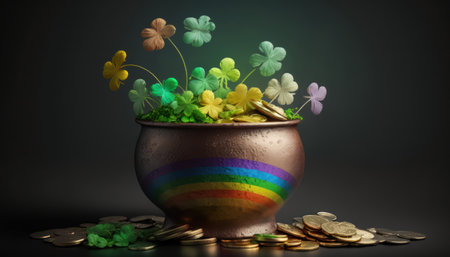 Pot of gold coins with clover and rainbow flag, 3d renderの素材