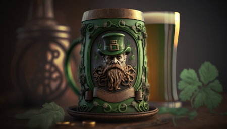 St. Patrick's Day concept. Green beer mug with leprechaun head on wooden table.の素材