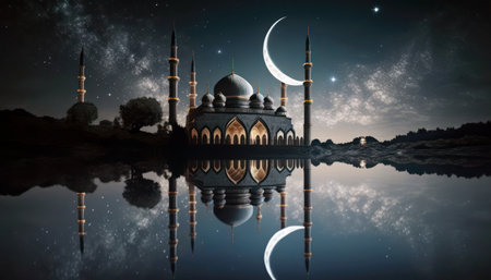 Reflection of mosque and moon in the water. 3D renderingの素材