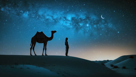 Silhouette of a man and a camel in the desert at nightの素材