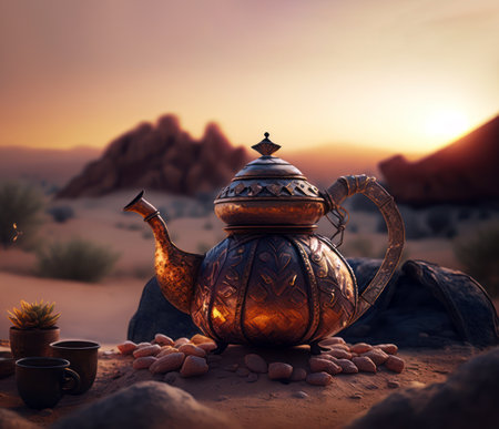 Arabic teapot on the background of a desert landscape.の素材