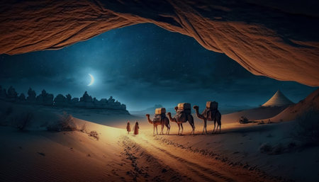 Camel caravan in the desert at night. 3D Renderingの素材
