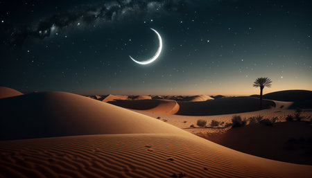 Desert landscape at night with moon and stars. 3d renderingの素材