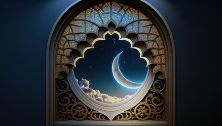 Ramadan Kareem background with crescent moon and mosque window.の素材