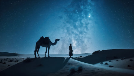 Silhouette of a man and a camel in the desert at nightの素材