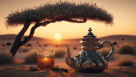 Tea ceremony in the desert. 3d rendering, 3d illustration.の素材