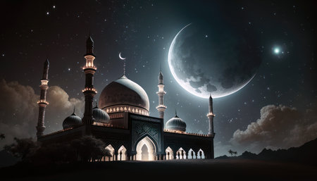 Mosque in the moonlight. 3D rendering. Elements of this image furnished by NASAの素材
