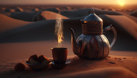 Arabian coffee pot and cup in the desert. 3d renderingの素材