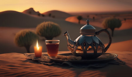 Arabic tea ceremony in the desert at sunset. 3D renderingの素材