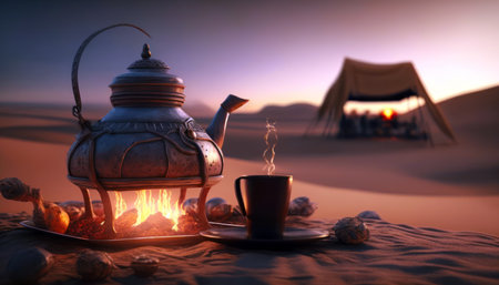 Tea set in the desert. Teapot, cup of coffee and campfireの素材