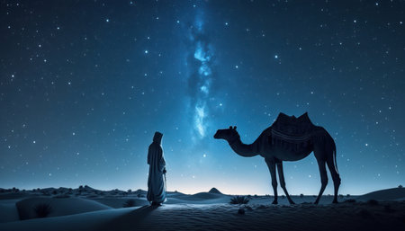 Camel and starry sky in the desert. 3d renderingの素材