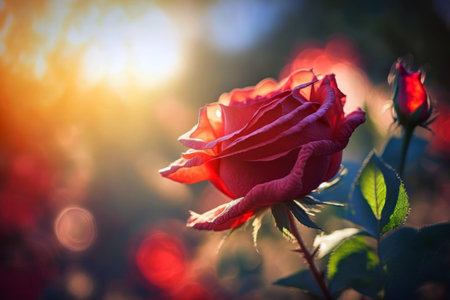 Beautiful red rose on a background of the sun in the rays of the setting sunの素材