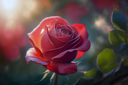 Beautiful red rose in the rays of the setting sun close-upの素材