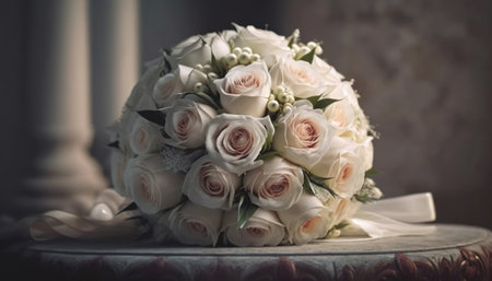 Wedding bouquet of white roses on a wooden table.の素材
