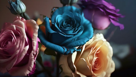 Beautiful bouquet of different roses on dark background, closeup