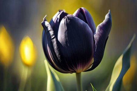 Black tulip on a background of yellow tulips in the gardenの素材
