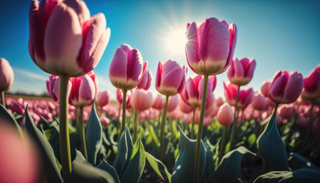Beautiful pink tulips in a field on a sunny spring dayの素材