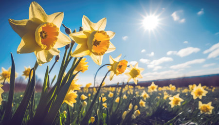 Yellow daffodils in a field with blue sky and sunの素材